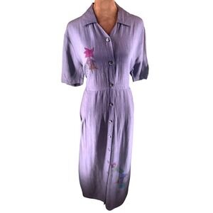 Chaudry KC Button Front Long Dress Women's M Purple Hand Painted Pockets NWT